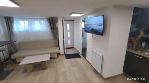 ein Wohnzimmer mit einem Sofa und einem TV an der Wand in der Unterkunft Studio Deluxe Marc in Straßburg