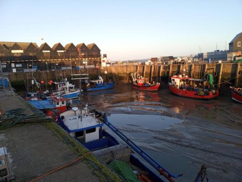 a group of boats are docked in a harbor at Beautiful, Seaview house in Whitstable in Kent