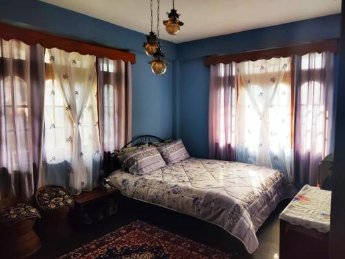 1 dormitorio con paredes azules y 1 cama con ventanas en The Himalayan Workation en Darjeeling