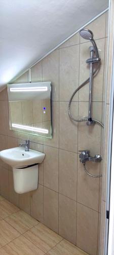 a bathroom with a sink and a shower at АПАРТАМЕНТ АРГАНТОНЕ in Sinemorets