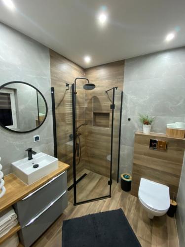 a bathroom with a shower and a sink and a toilet at Babie Domki in Zawoja