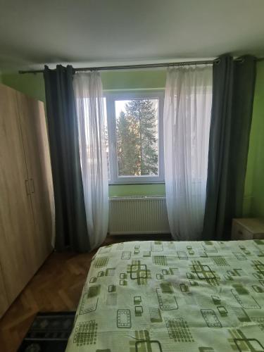 a bedroom with a bed in front of a window at Modern Room With A Great Sunrise - close to the center - in Timişoara