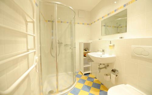y baño con ducha, aseo y lavamanos. en Ferienhaus Michi, en Sankt Andrä bei Frauenkirchen
