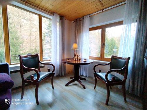 een kamer met een tafel, 2 stoelen en ramen bij Elbenland Apartments & Bungalows in Bad Schandau