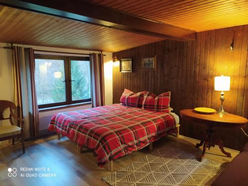 a bedroom with a bed and a table and a window at Elbenland Apartments & Bungalows in Bad Schandau