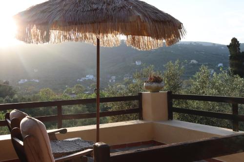 a table with an umbrella and a table with a chair at Olive Yard House in Skopelos Town