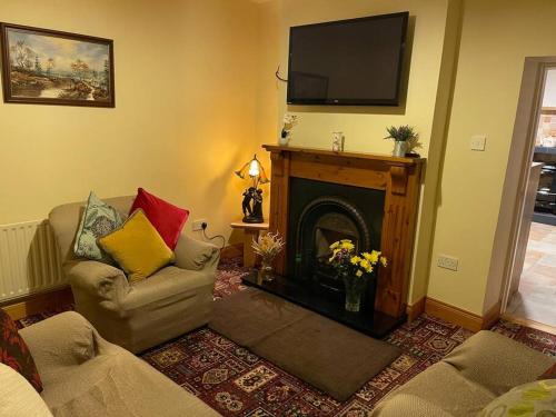 a living room with a couch and a fireplace with a television at Grogagh Hill Cottage in Sligo