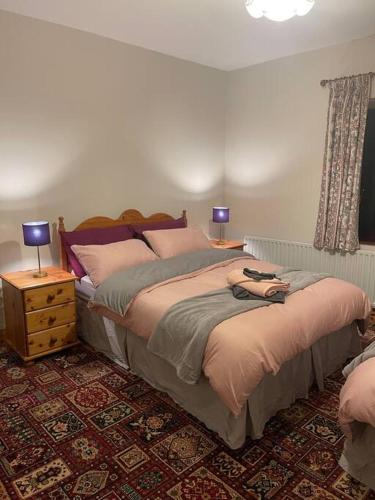 a bedroom with a bed and a night stand with two lamps at Grogagh Hill Cottage in Sligo