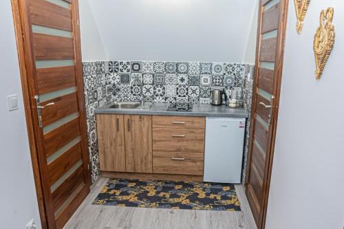 uma pequena cozinha com um lavatório e um fogão em Noclegi Olszówka em Bukowina Tatrzańska