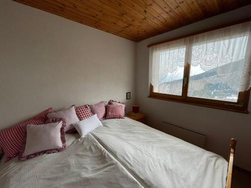 阿爾賓內的住宿－Gemütliche Wohnung mit Traumaussicht!，一间卧室配有带粉色和白色枕头的床