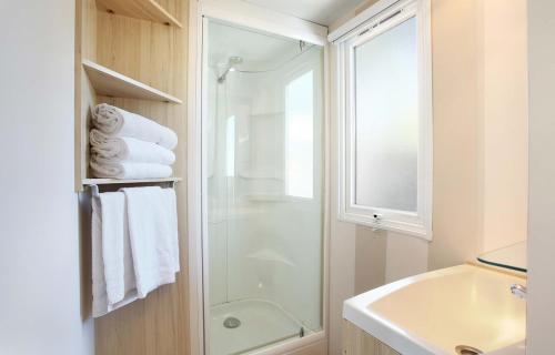 a bathroom with a shower and a sink and a mirror at Mobil Home 6 à 8 personnes Camping Vagues Océanes L'Elysée in Le Grau-du-Roi