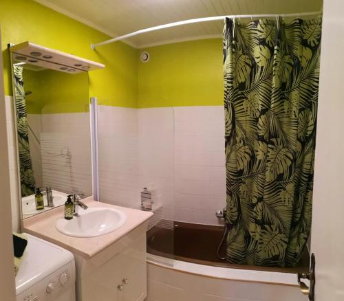 een badkamer met een wastafel en een douchegordijn bij Domaine des deux A in Margny-sur-Matz