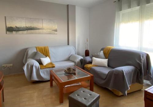 a living room with two couches and a coffee table at Apartamento Turistico San Cristobal in Plasencia