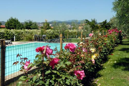 a fence with flowers next to a swimming pool at Locanda dei Rii in Manerba del Garda