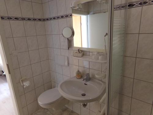 a bathroom with a toilet and a sink at Sauerland-Hotel in Essentho