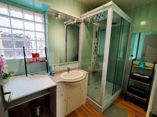 une salle de bain verte avec un lavabo et une douche dans l'établissement Au bord de l'eau à ConcarnOLoc, à Concarneau
