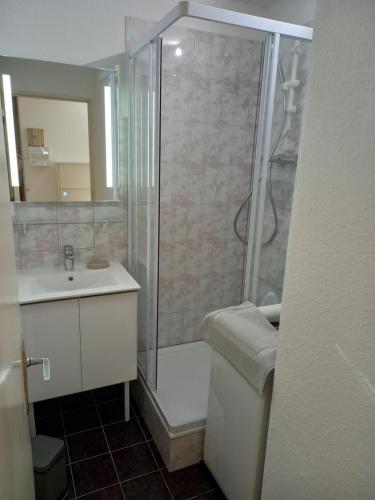 un bagno con doccia e lavandino di Hélios 24, T2 climatisé, parking, terrasse, 500m plage a Cap d'Agde