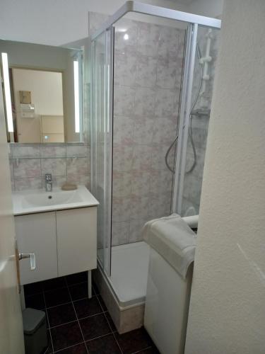 a bathroom with a shower and a sink at Hélios 24, T2 climatisé, parking, terrasse, 500m plage in Cap d'Agde