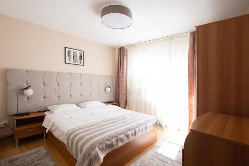 - une chambre avec un grand lit et une fenêtre dans l'établissement 21 Cozy Apartament, à Bistriţa