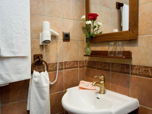 baño con lavabo, espejo y flores en Hotel Rural "Victoria", en Humanes