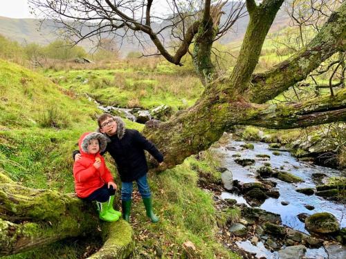 two children sitting on a tree branch next to a stream at Yr Hen Siop - 4 bed welsh cottage in Snowdonia in Penmachno