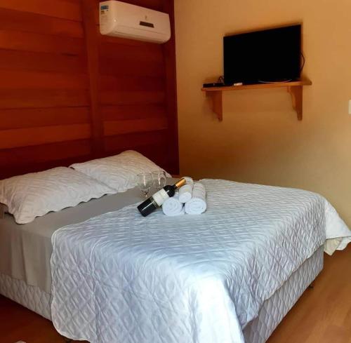 Pousada Recanto Viva a Vida في دومينغوس مارتينز: غرفة فندقية بسريرين وتلفزيون بشاشة مسطحة