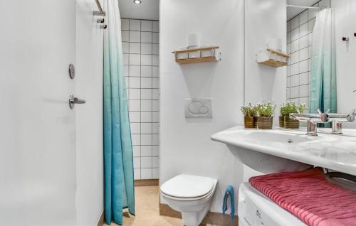 uma casa de banho branca com um lavatório e um WC em Havudsigt, skøn lille lejlighed em Tranekær