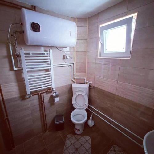 a small bathroom with a toilet and a window at Apartman Popadić in Nova Varoš