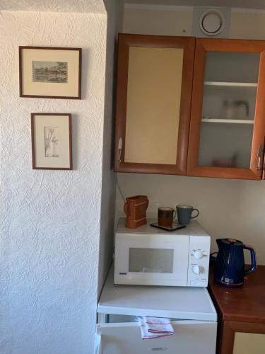 a kitchen with a microwave on top of a refrigerator at K84, Nice 2- bedroom apartment - 2 big beds 1 single bed in Tartu