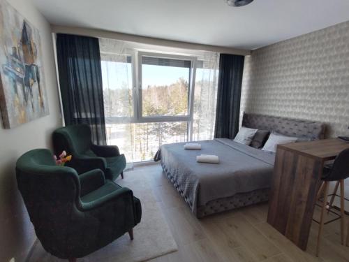 a bedroom with a bed and two chairs and a desk at Apartman Ambijent Divcibare in Divčibare