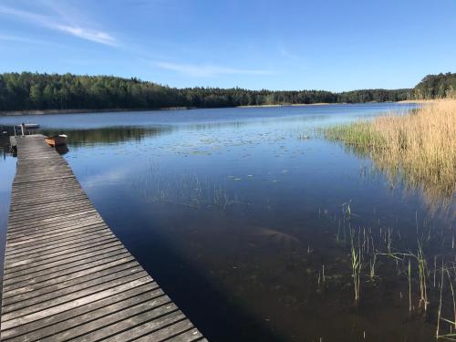 a dock on a lake with trees in the background at Cozy lodge at horse farm with lake and sauna in Hölö