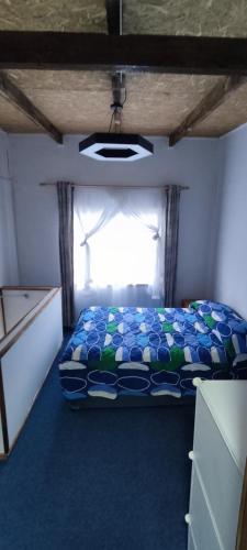 een slaapkamer met een bed in een kamer met een raam bij Cabaña mateo 3 in Puerto Puyuhuapi
