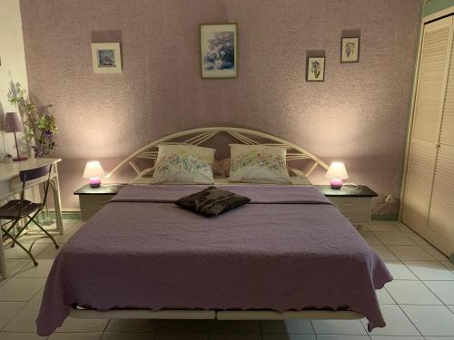 een slaapkamer met een groot bed met paarse lakens en 2 lampen bij La Bougainvillée in Saint-François