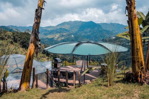 eine Terrasse mit einem Sonnenschirm, einem Tisch und Stühlen in der Unterkunft Chamí Glamping in Manizales