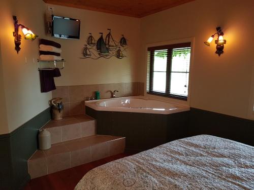 ein Bad mit einer Badewanne, einem Bett und einem TV in der Unterkunft River Rock Estate in Cromwell