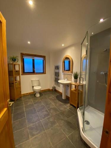 ein Badezimmer mit Toilette, Dusche und Waschbecken in der Unterkunft Enegar Accommodation in Stromness