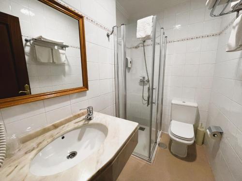 y baño con lavabo, ducha y aseo. en Hotel O Cruceiro, en Caldas de Reis