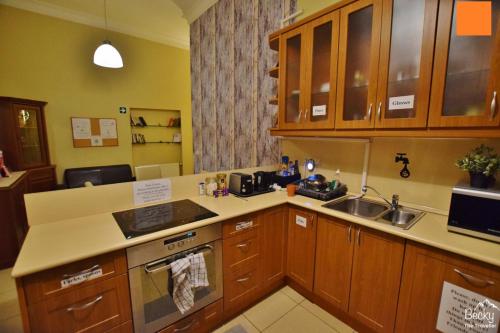 a kitchen with wooden cabinets and a sink at Friends Hostel & Apartments in Budapest