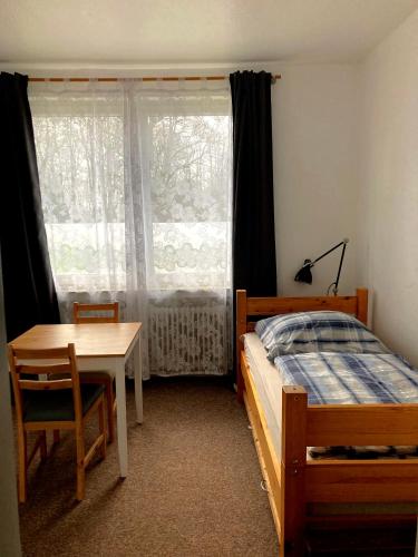 sypialnia z łóżkiem, stołem i oknem w obiekcie Mini Apartment w mieście Osterholz-Scharmbeck