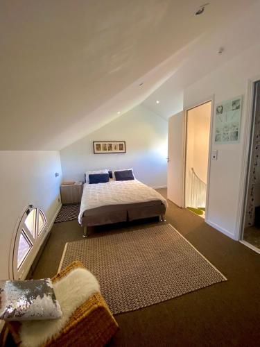 - une grande chambre avec un lit et un miroir dans l'établissement Carnetin Le Parc, Gite et B&B, à Thorigny-sur-Marne