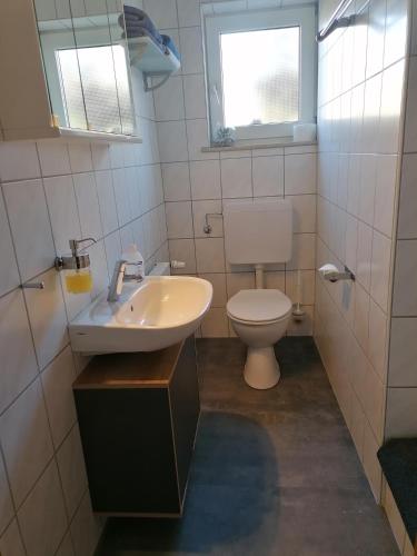 a bathroom with a white toilet and a sink at Ferienwohnung Roder in Marburg an der Lahn