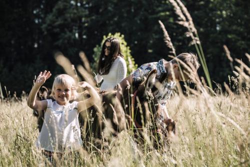 a group of children playing in a field of tall grass at Bachmanngut in St. Wolfgang