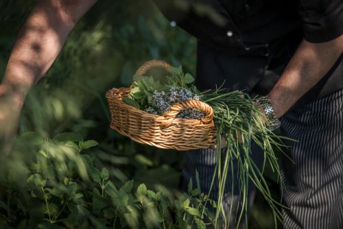 a man is holding a basket of flowers at Bachmanngut in St. Wolfgang