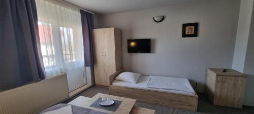 a small room with a bed and a tv at Pensiunea Chrisland in Oradea