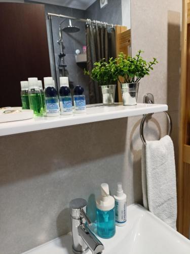 a bathroom sink with a shelf with toiletries on it at Apartman 3N in Veliko Gradište