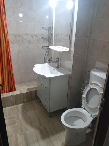 a bathroom with a white toilet and a sink at Rozelor in Mangalia