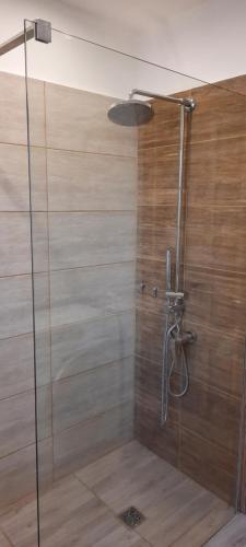 a shower with a glass door in a bathroom at Sėlių 25 Šeimos Būstas in Šiauliai