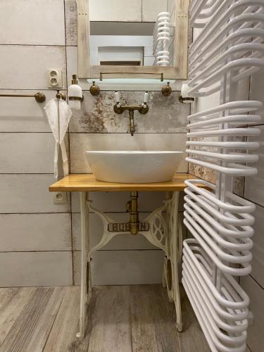 a bathroom with a sink and a mirror at Penzio Ostrava in Ostrava