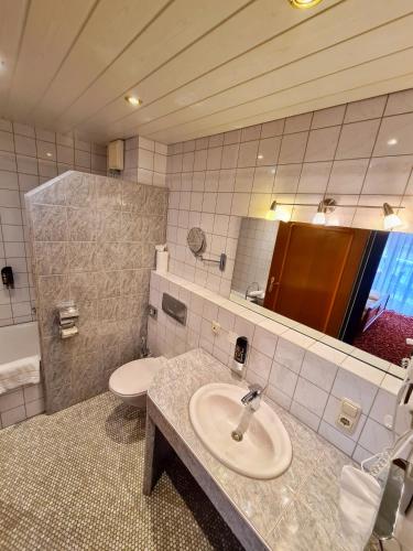 a bathroom with a sink and a toilet and a mirror at Parkhotel Bad Faulenbach in Füssen