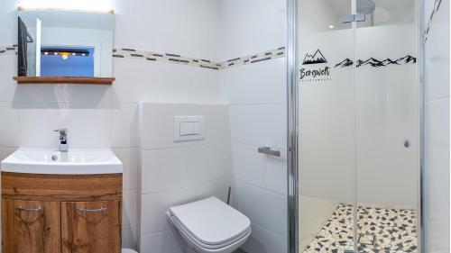 a bathroom with a shower and a toilet and a sink at Appartements Bergwelt in Oetz